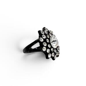 Statement Ring Clear Cluster Rhinestones Black Glossy Metal Faceted Sparkle 6